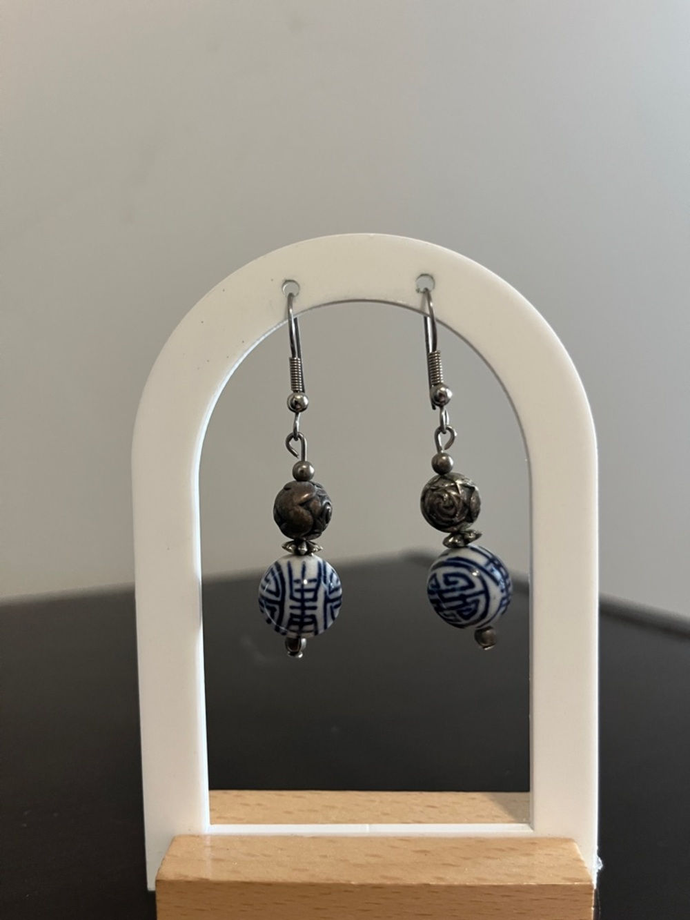 Blue and Silver Porcelain Bead Drop Earrings